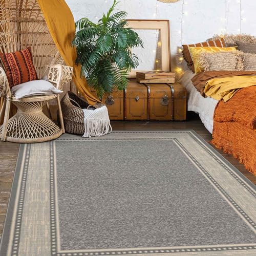 Ottomanson Ottohome Non-Slip Rubberback Bordered Design 5x7 Indoor Area Rug, 5' x 6'6", Light Gray