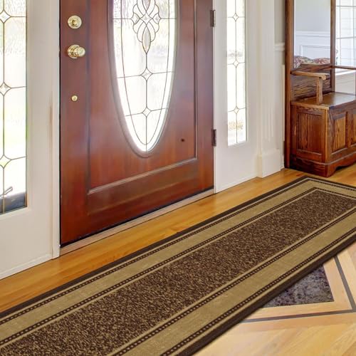 Ottomanson Ottohome Non-Slip Rubberback Bordered Design 3x10 Indoor Runner Rug, 2'7" x 9'10", Brown