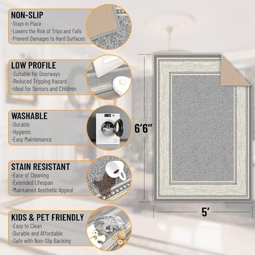 Ottomanson Ottohome Non-Slip Rubberback Bordered Design 5x7 Indoor Area Rug, 5' x 6'6", Light Gray