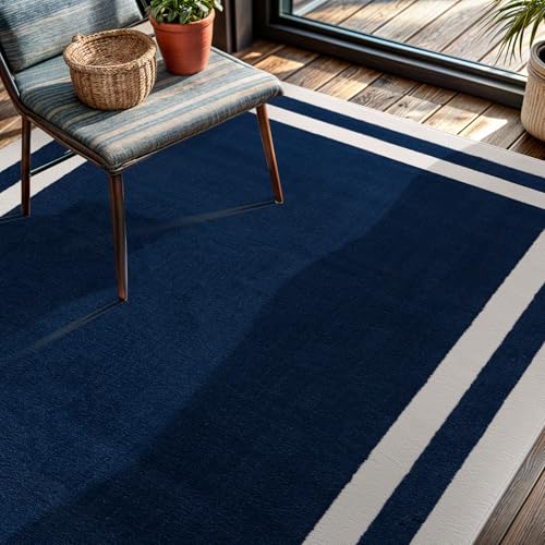 CAMILSON Bordered Navy Blue Rug 8x10 Area Rugs for Living Room Bedroom Kitchen Modern Soft Stain Resistant Non-Shedding Indoor Carpet (8 x 10 Navy Blue and Cream)