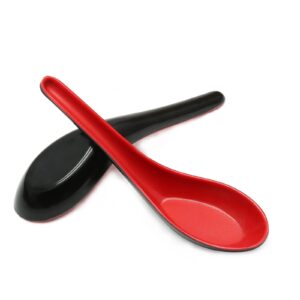 cionyce 2pcs asian soup spoons, chinese japanese miso ramen wonton dumpling pho rice noodle soba soup spoons, red and black melamine spoons