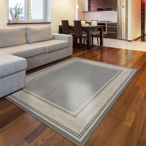 Ottomanson Ottohome Non-Slip Rubberback Bordered Design 5x7 Indoor Area Rug, 5' x 6'6", Light Gray