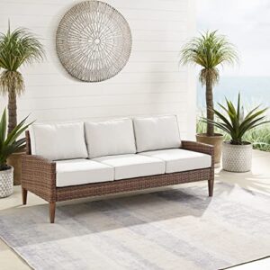 Crosley Furniture Capella Wicker Outdoor Sofa, 3-Person Patio Couch for Porch, Deck, Backyard, Brown with Creme Cushions