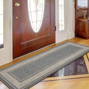 Ottomanson Ottohome Non-Slip Rubberback Bordered Design 2x5 Indoor Runner Rug, 20" x 59", Light Gray