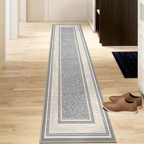 Ottomanson Ottohome Non-Slip Rubberback Bordered Design 2x5 Indoor Runner Rug, 20" x 59", Light Gray