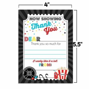 Bold Movie Night Birthday Thank You Notes, Ten 4" x 5.5" Fill In The Blank Cards with 10 White Envelopes by AmandaCreation