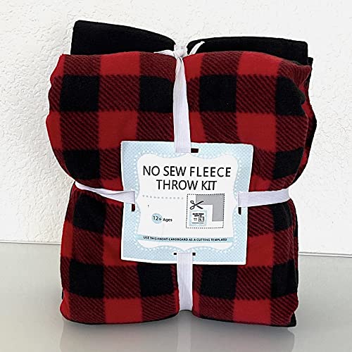 Buffalo Plaid Red & Black Anti-Pill No-Sew Throw Fleece Fabric Kit (50x60)