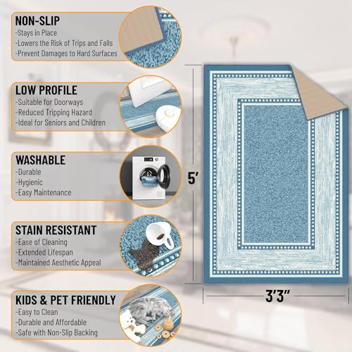 Ottomanson Ottohome Non-Slip Rubberback Bordered Design 3x5 Indoor Area Rug, 3'3" x 5', Turquoise