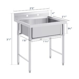 WILPREP Commercial Stainless Steel Sink, Free Standing Utility Single Bowl Restaurant Sink, Kitchen Prep & Utility Sink for Home, Garage, Bar, Laundry Room (1 Compartment，29" W x 25.2" D x 37.4" H)