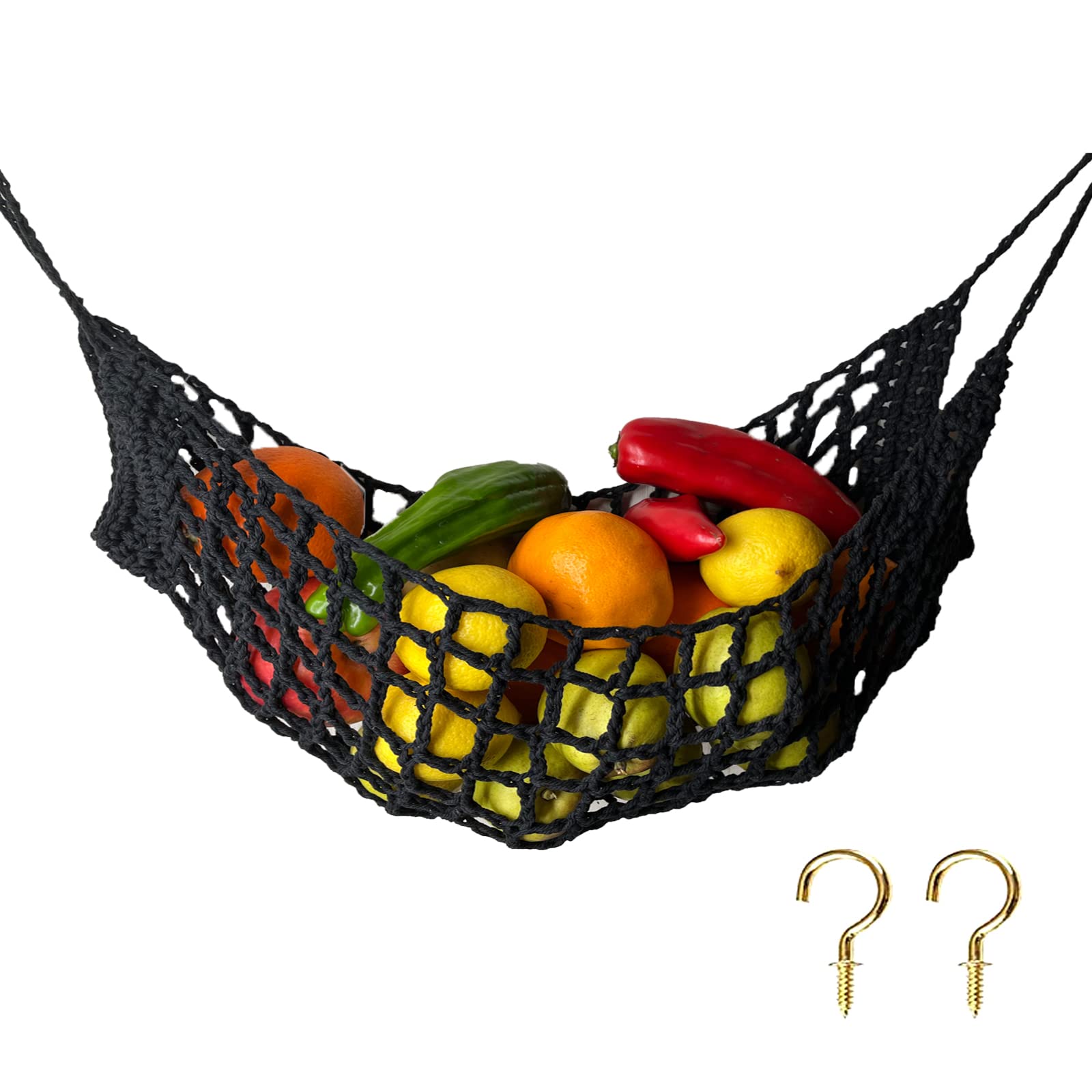 Large Macrame Fruit Hammock Under Cabinet,Veggie Banana Hammock Hanging Fruit Basket,Saves Counter Space for Kitchen Boat Rv Camper (black)