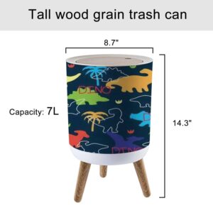 KCDCYCZEAL Small Trash Can with Lid Seamless Colorful Dinosaurs Dinosaur Silhouette Round Recycle Bin Press Top Dog Proof Wastebasket for Kitchen Bathroom Bedroom Office 7L/1.8 Gallon