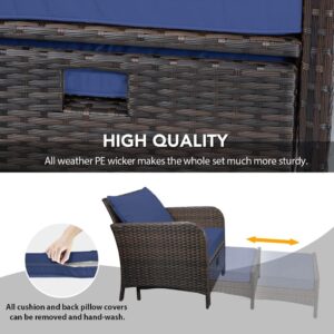 LEVELEVE Balcony Furniture 5 Piece Patio Conversation Set, PE Wicker Rattan Outdoor Lounge Chairs with Soft Cushions 2 Ottoman&Glass Table for Porch, Lawn-Brown Wicker