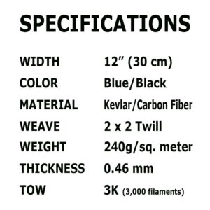 (1 ft -25 ft Rolls) KARBXON - 12 in - Carbon Fiber Aramid Fabric - Blue - 3K - 240g/meter - Twill Weave - Advanced Cloth Fabric - Rolled 12” Wide Hemmed Fabric for Repair, Drones, RC & DIY Projects