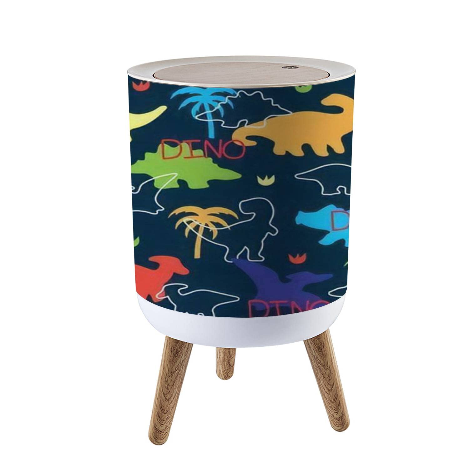 KCDCYCZEAL Small Trash Can with Lid Seamless Colorful Dinosaurs Dinosaur Silhouette Round Recycle Bin Press Top Dog Proof Wastebasket for Kitchen Bathroom Bedroom Office 7L/1.8 Gallon