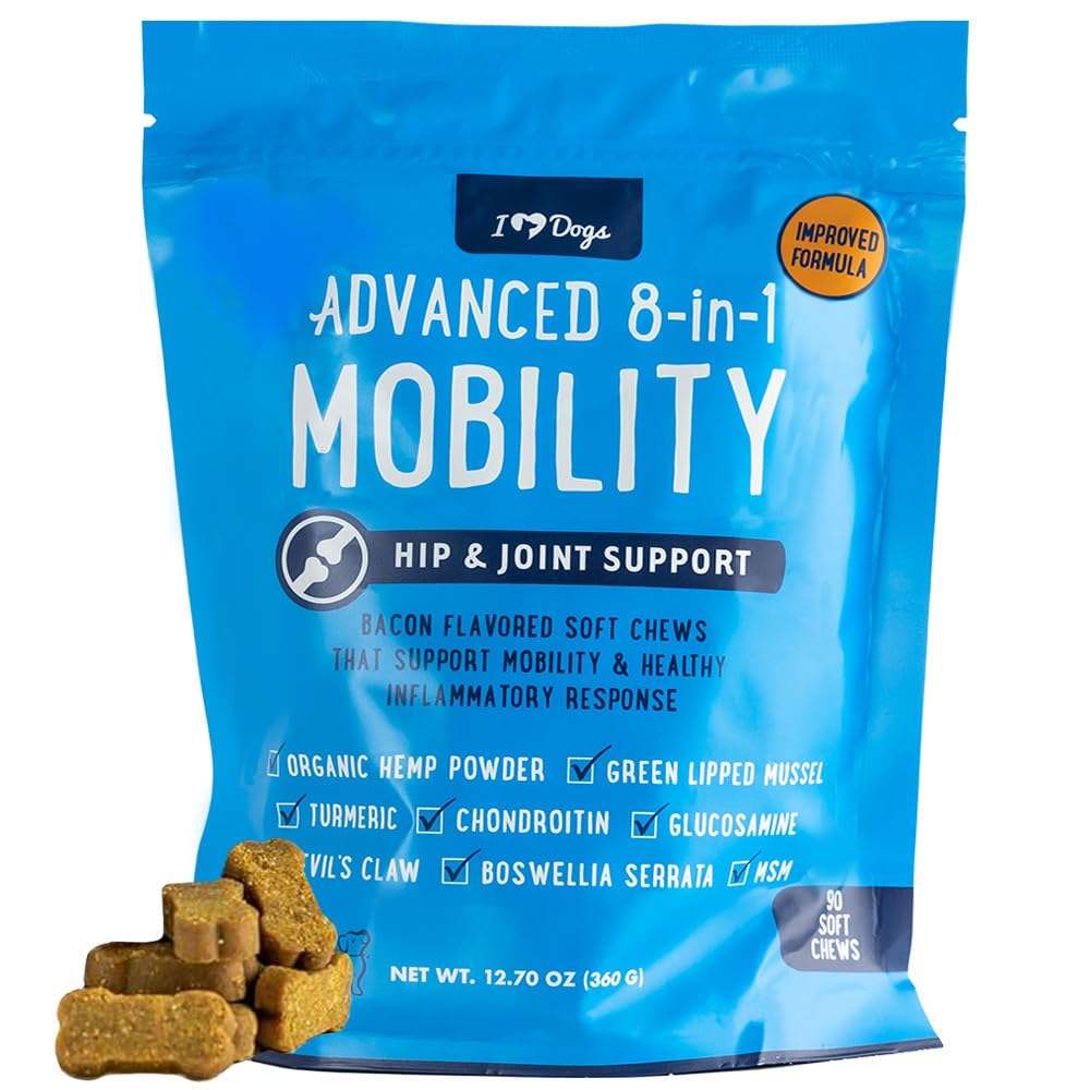 iHeartDogs Hip & Joint Supplement for Dogs - Advanced 8-in-1 Dog Joint Supplement Chews with Glucosamine, Chondroitin, Turmeric, Devil's Claw, Green Lipped Mussel, Hemp, Yucca, Boswellia & MSM - 90 Ct