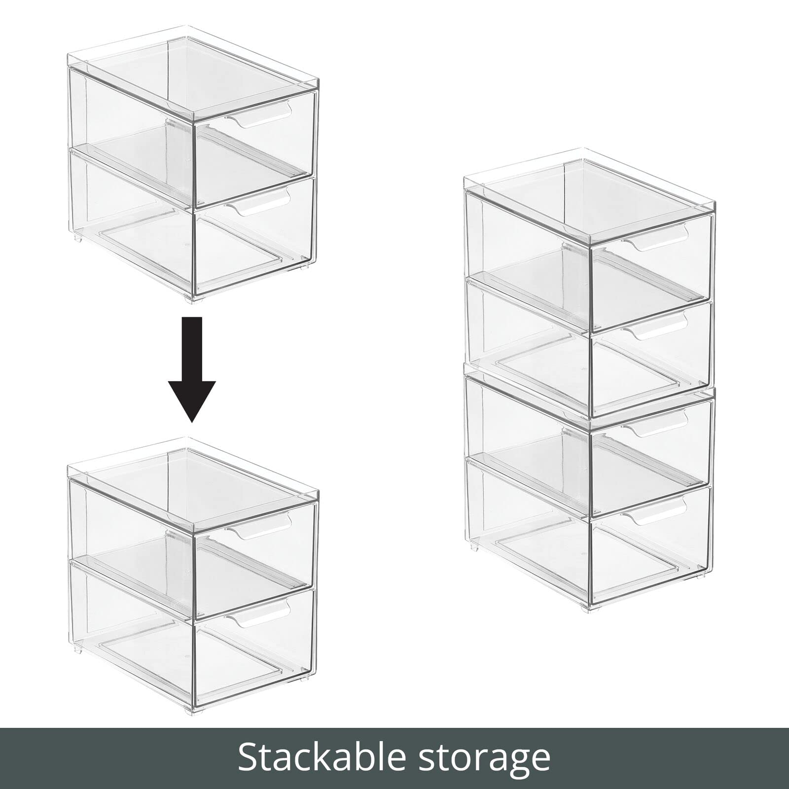 mDesign Stackable Storage Containers Box with 2 Pull-Out Drawers - Stacking Plastic Drawer Bins for Closet Organization, Linen, Coat, Bedroom or Entryway Closets - Lumiere Collection - 2 Pack - Clear