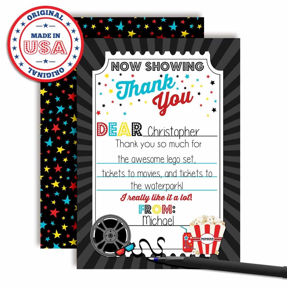 Bold Movie Night Birthday Thank You Notes, Ten 4" x 5.5" Fill In The Blank Cards with 10 White Envelopes by AmandaCreation