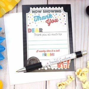 Bold Movie Night Birthday Thank You Notes, Ten 4" x 5.5" Fill In The Blank Cards with 10 White Envelopes by AmandaCreation