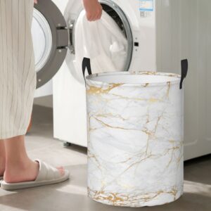 Gbuzozie White Marble Round Laundry Hamper Marbling Texture Storage Basket Waterproof Coating Organizer Bin For Nursery Clothes Toys, 38L