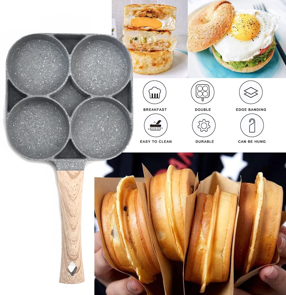 SI FANG 4-Cup Nonstick Egg Frying Pan Pancake Omelette Pan, Aluminium Alloy Fried Egg Pan With Wood Handle, 100% PFOA Free Egg Cooker Non Stick Egg Skillet for Egg Mcmuffin, Omelet, Burgers