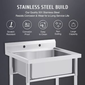 WILPREP Commercial Stainless Steel Sink, Free Standing Utility Single Bowl Restaurant Sink, Kitchen Prep & Utility Sink for Home, Garage, Bar, Laundry Room (1 Compartment，29" W x 25.2" D x 37.4" H)