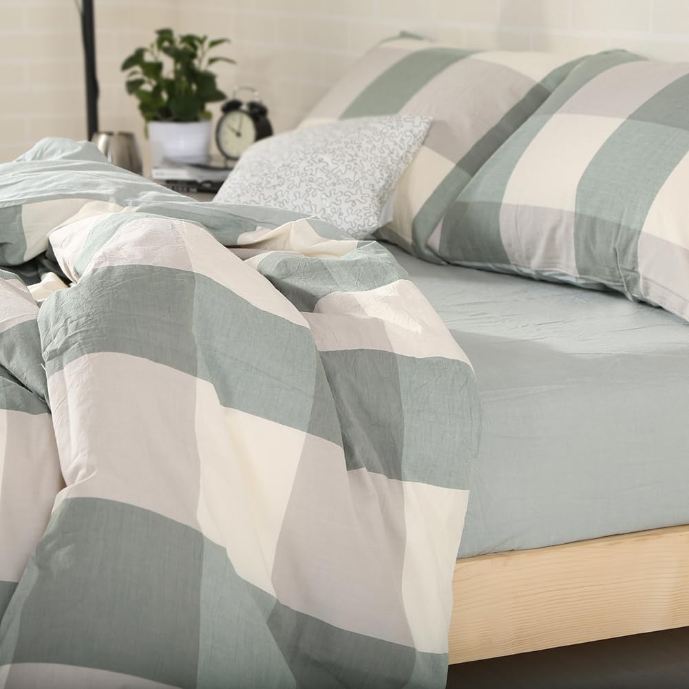 NSNLGSGC Twin 100% Washed Cotton Duvet Cover Set Green - Kids Buffalo Plaid Linen Feel Bedding Set,Durable & Breathable Comforter Cover Set(2PCS, Twin)