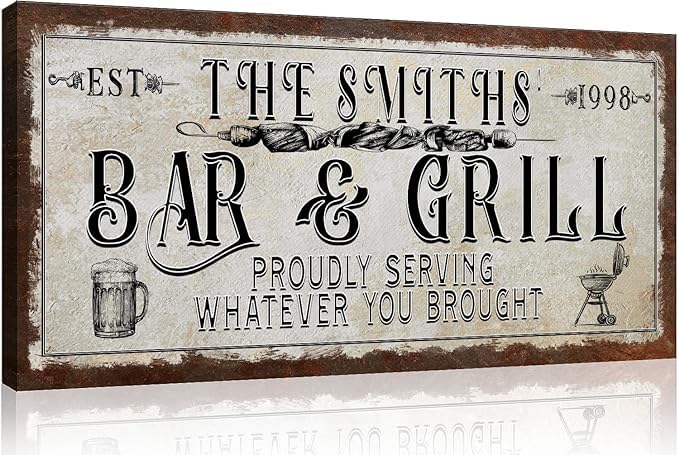 Tailored Canvases Custom Bar and Grill Sign - Canvas Wall Art Decor for Man Cave, Hideout, Kitchen, Pub, Diner and Restaurant - Rustic Bar & Grill Hook on Cloth with 1 Beer Mug and Griller, 20x10