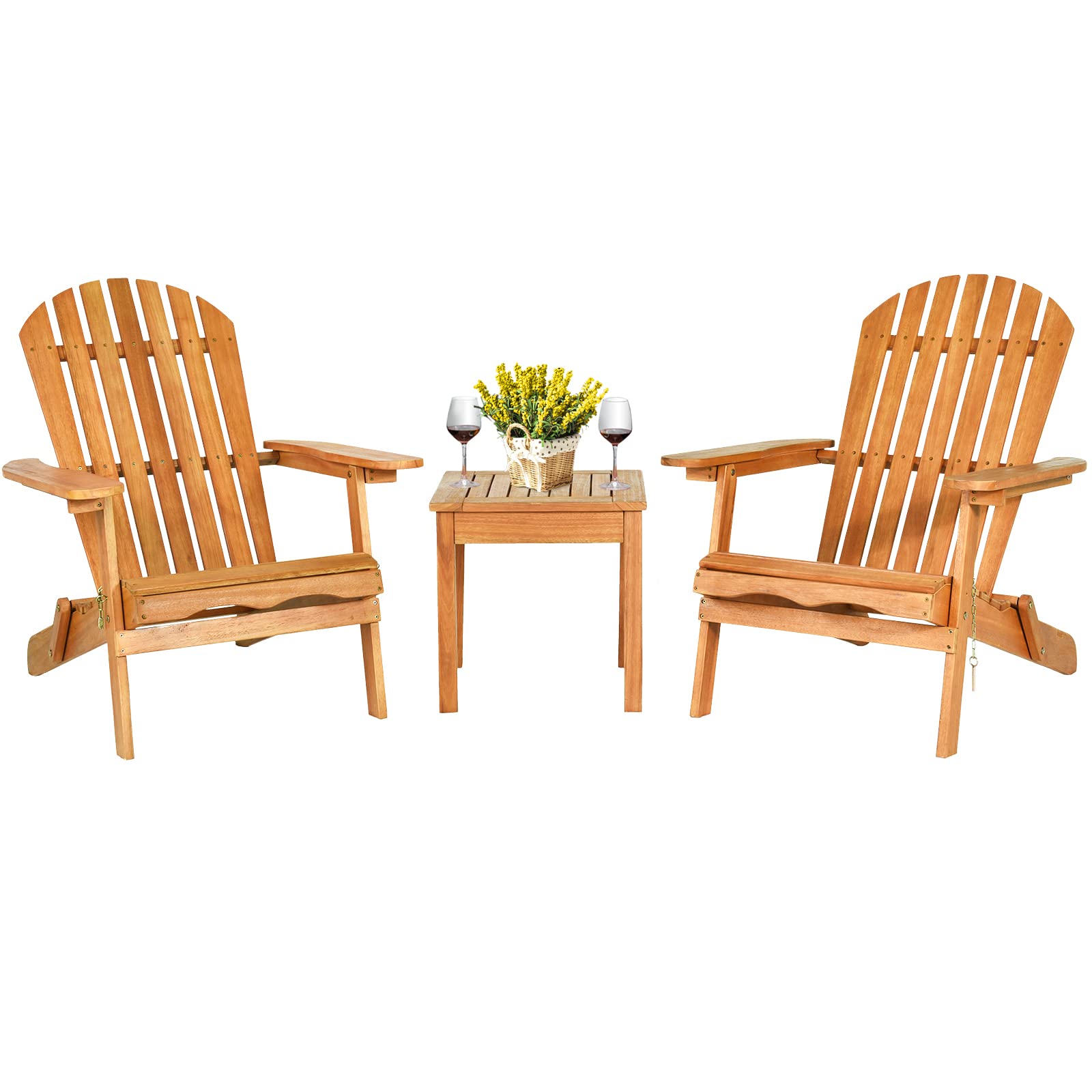 Tangkula 3 Pieces Adirondack Chair Set, Outdoor Wood Furniture Set with 2 Folding Lounge Chairs & Side Table, Widened Armrest, Slatted Design, All Weather Conversation Set for Garden Patio Backyard