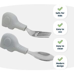 Tiny Twinkle Easy Grip Toddler Utensils Spoon and Fork Set - BPA & Phthalate Free Utensil Sets, Kids Silverware With Silicone Handle, Baby Led Weaning Supplies for 12 Months & Up (Grey Elephant)