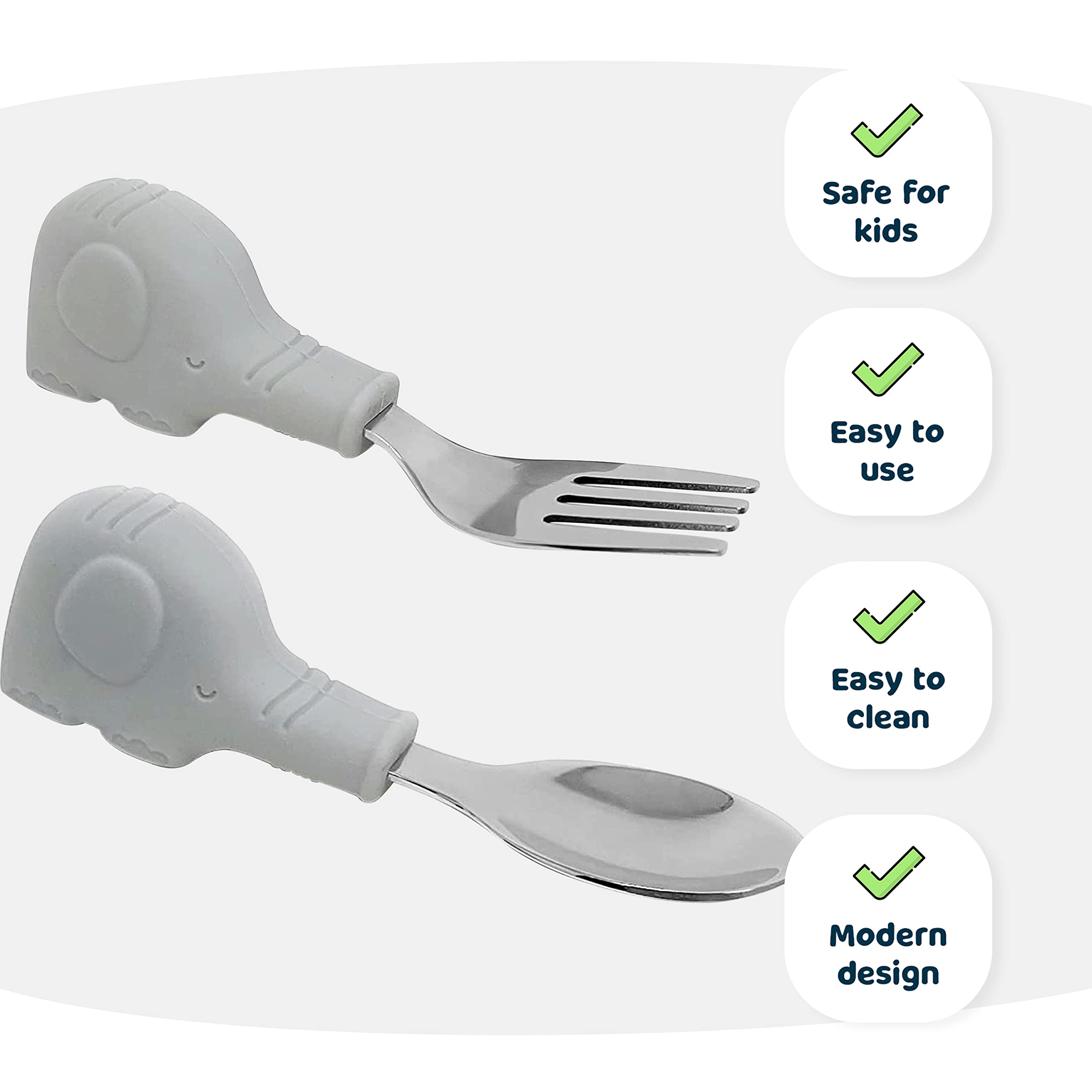 Tiny Twinkle Easy Grip Toddler Utensils Spoon and Fork Set - BPA & Phthalate Free Utensil Sets, Kids Silverware With Silicone Handle, Baby Led Weaning Supplies for 12 Months & Up (Grey Elephant)