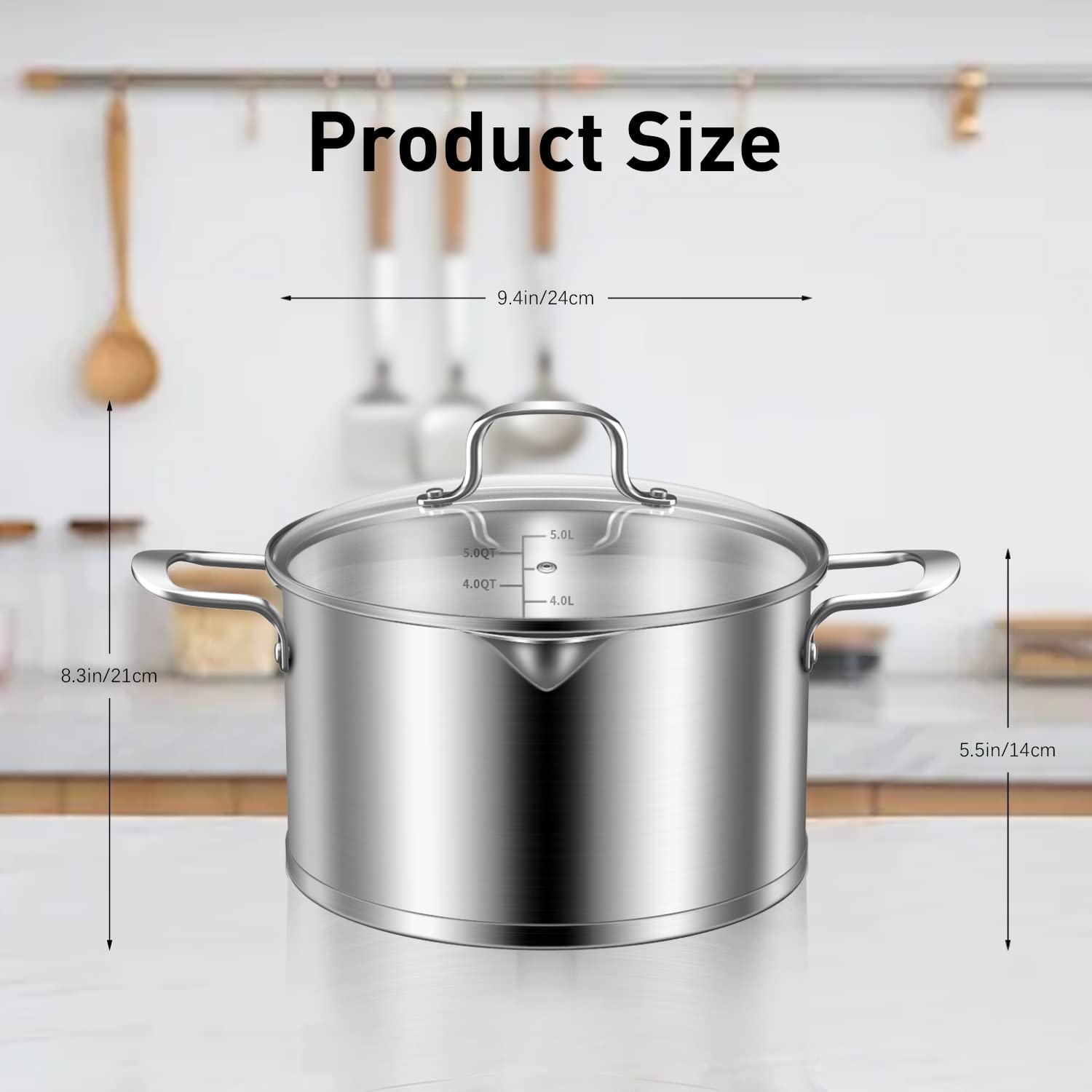 5 Quart Stainless Steel Induction Stock Pot with Glass Lid, 5 Qt Multipurpose Cooking Soup Pot with Pour Spout, Scale Engraved Inside, Dishwasher Oven Safe