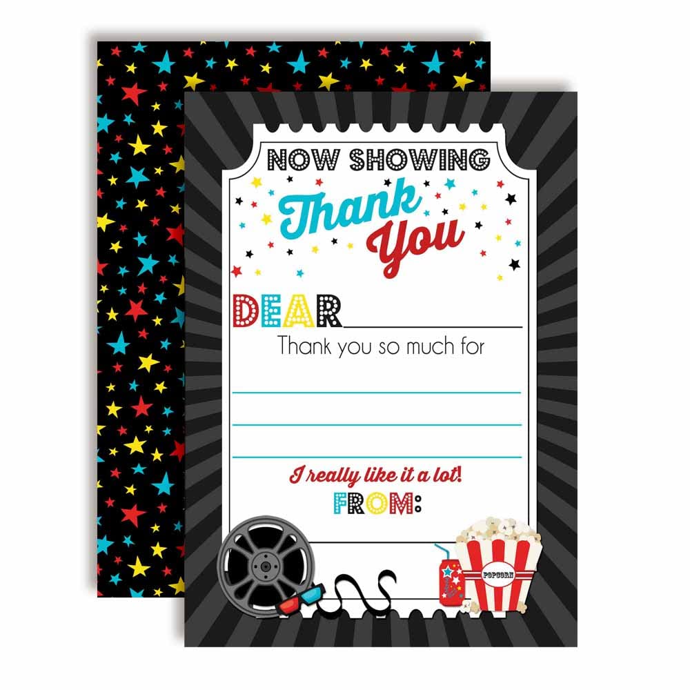 Bold Movie Night Birthday Thank You Notes, Ten 4" x 5.5" Fill In The Blank Cards with 10 White Envelopes by AmandaCreation