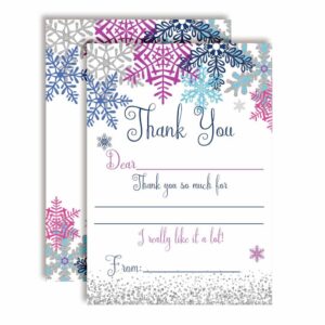 winter snowflake birthday thank you notes, ten 4" x 5.5" fill in the blank cards with 10 white envelopes by amandacreation