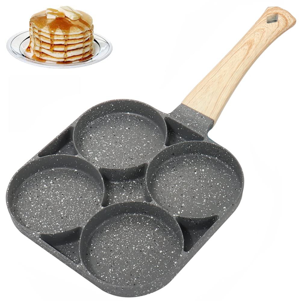 SI FANG 4-Cup Nonstick Egg Frying Pan Pancake Omelette Pan, Aluminium Alloy Fried Egg Pan With Wood Handle, 100% PFOA Free Egg Cooker Non Stick Egg Skillet for Egg Mcmuffin, Omelet, Burgers