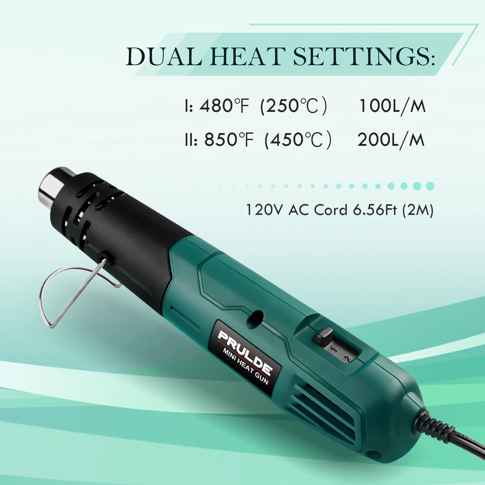 PRULDE Mini Heat Gun, 380W 2-Temp 480°F-850°F (250°C-450°C) Fast Heat Hot Air Gun with 6.56Ft Cord & Reflector Nozzle for Crafting, Vinyl Wrap, Embossing, Shrink Tubing/Wrapping, Epoxy Resin