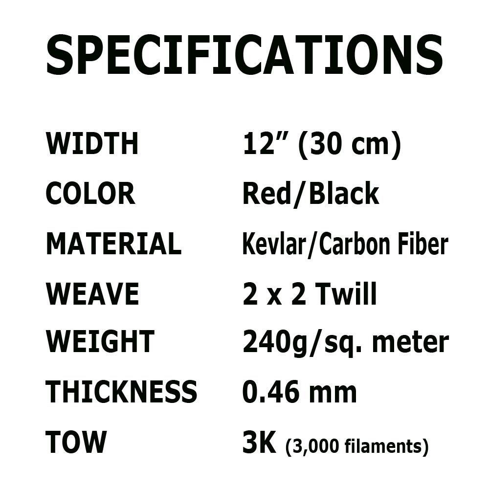 (1 ft -25 ft Rolls) KARBXON - 12 in - Carbon Fiber Aramid Fabric - RED - 3K - 240g/meter - Twill Weave - Advanced Cloth Fabric - Rolled 12” Wide Hemmed Fabric for Repair, Drones, RC & DIY Projects