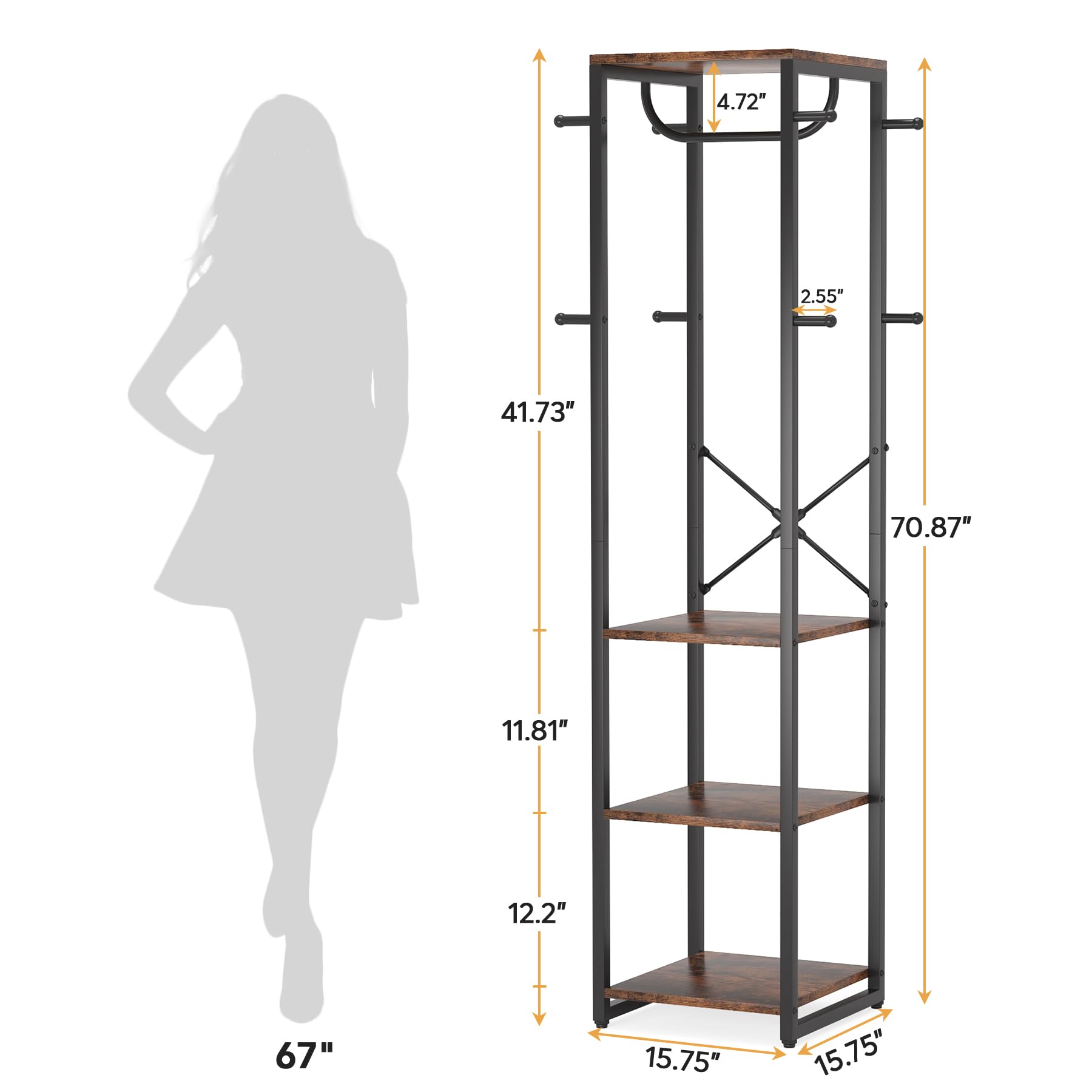 Tribesigns Coat Rack Freestanding with Shelves, Industrial Hall Tree with 4 Shelves and 8 Hooks, Standing Small Clothes Rack Closet Organizer for Entryway, Bedroom