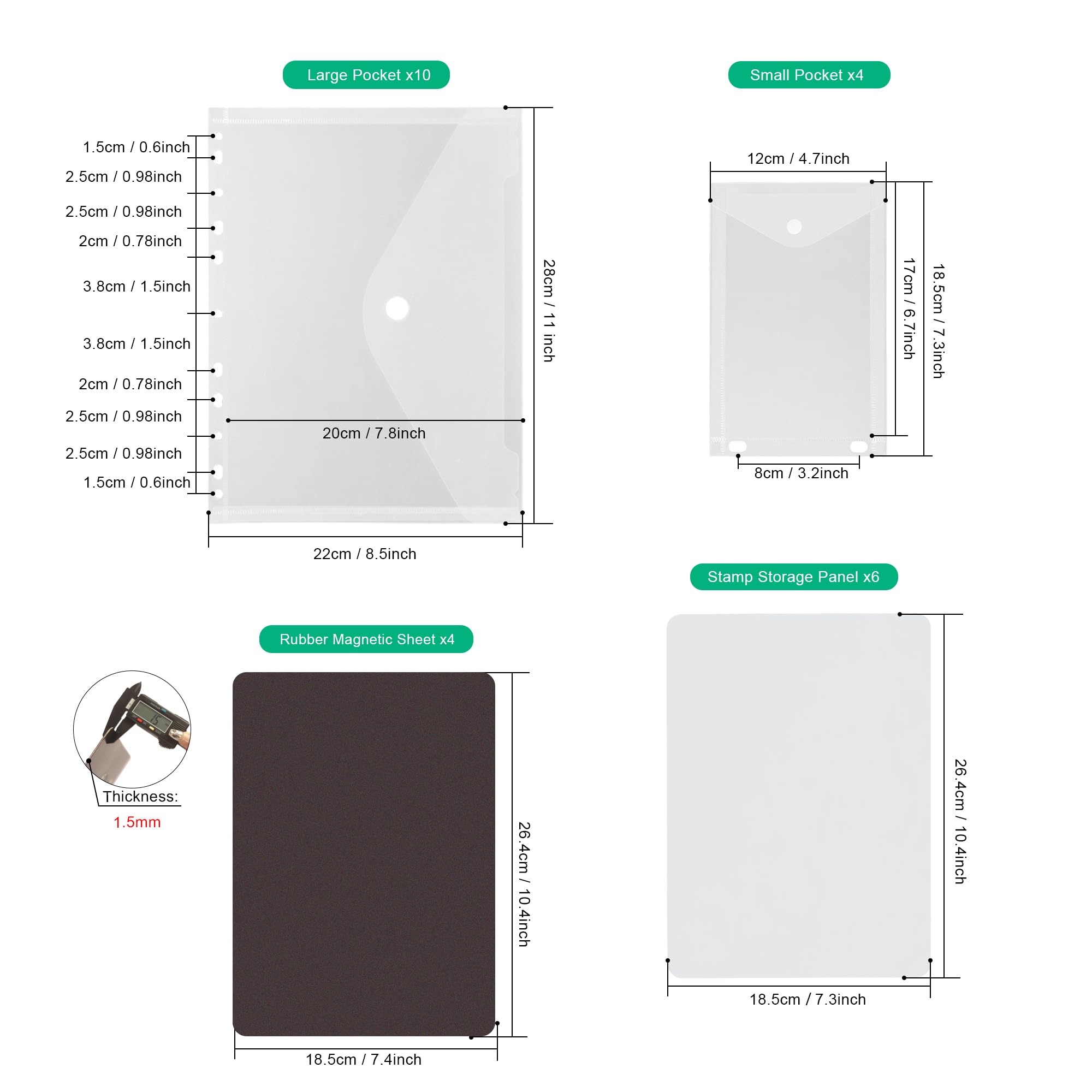 1.5mm Double-Sided Die Cut Storage Magnetic Sheets & Clear Stamp Storage Panels with Pockets, Resealable Envelope for Cutting Dies, Stencils & Embossing Folder Organizer