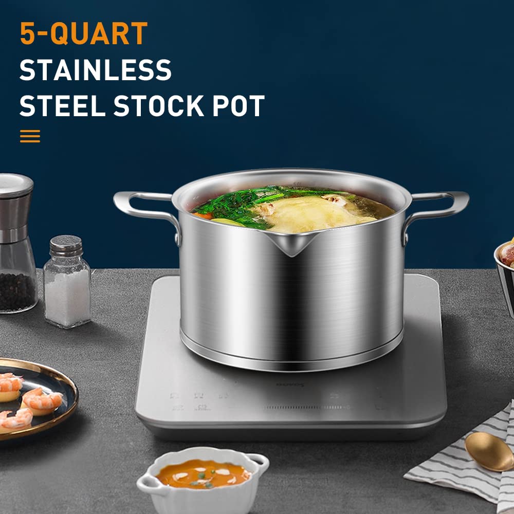 5 Quart Stainless Steel Induction Stock Pot with Glass Lid, 5 Qt Multipurpose Cooking Soup Pot with Pour Spout, Scale Engraved Inside, Dishwasher Oven Safe