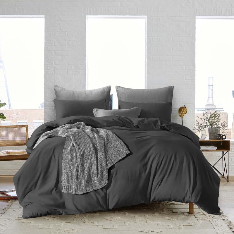 Banke Bihari Collection 1000 TC Dark Grey Solid Twin XL Duvet Cover + 2 Matching Pillowcase Pure Egyptian Cotton with Zip Closure & Corner Ties