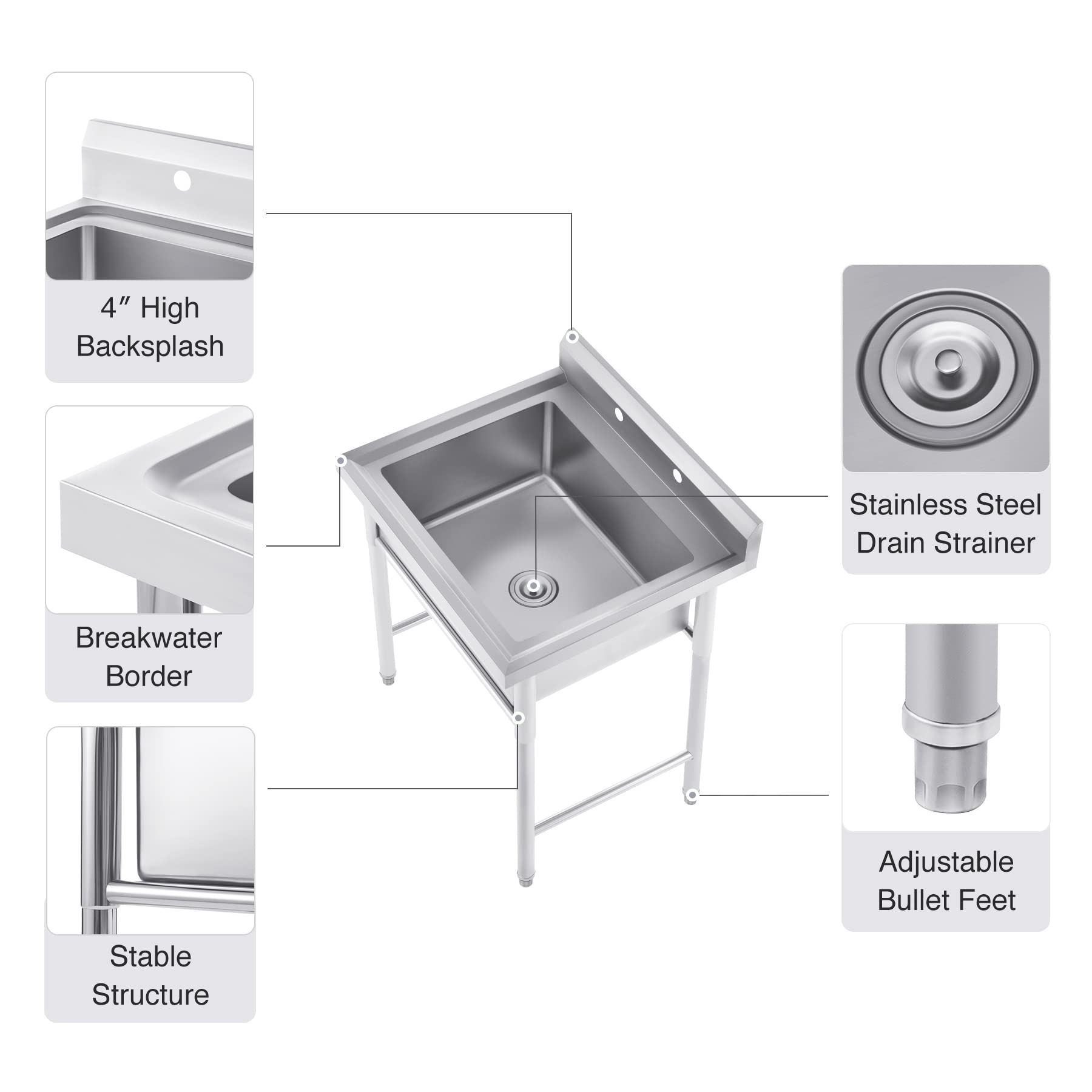 WILPREP Commercial Stainless Steel Sink, Free Standing Utility Single Bowl Restaurant Sink, Kitchen Prep & Utility Sink for Home, Garage, Bar, Laundry Room (1 Compartment，29" W x 25.2" D x 37.4" H)