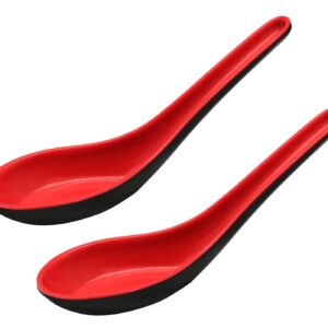 Cionyce 2PCS Asian Soup Spoons, Chinese Japanese Miso Ramen Wonton Dumpling Pho Rice Noodle Soba Soup Spoons, Red and Black Melamine Spoons