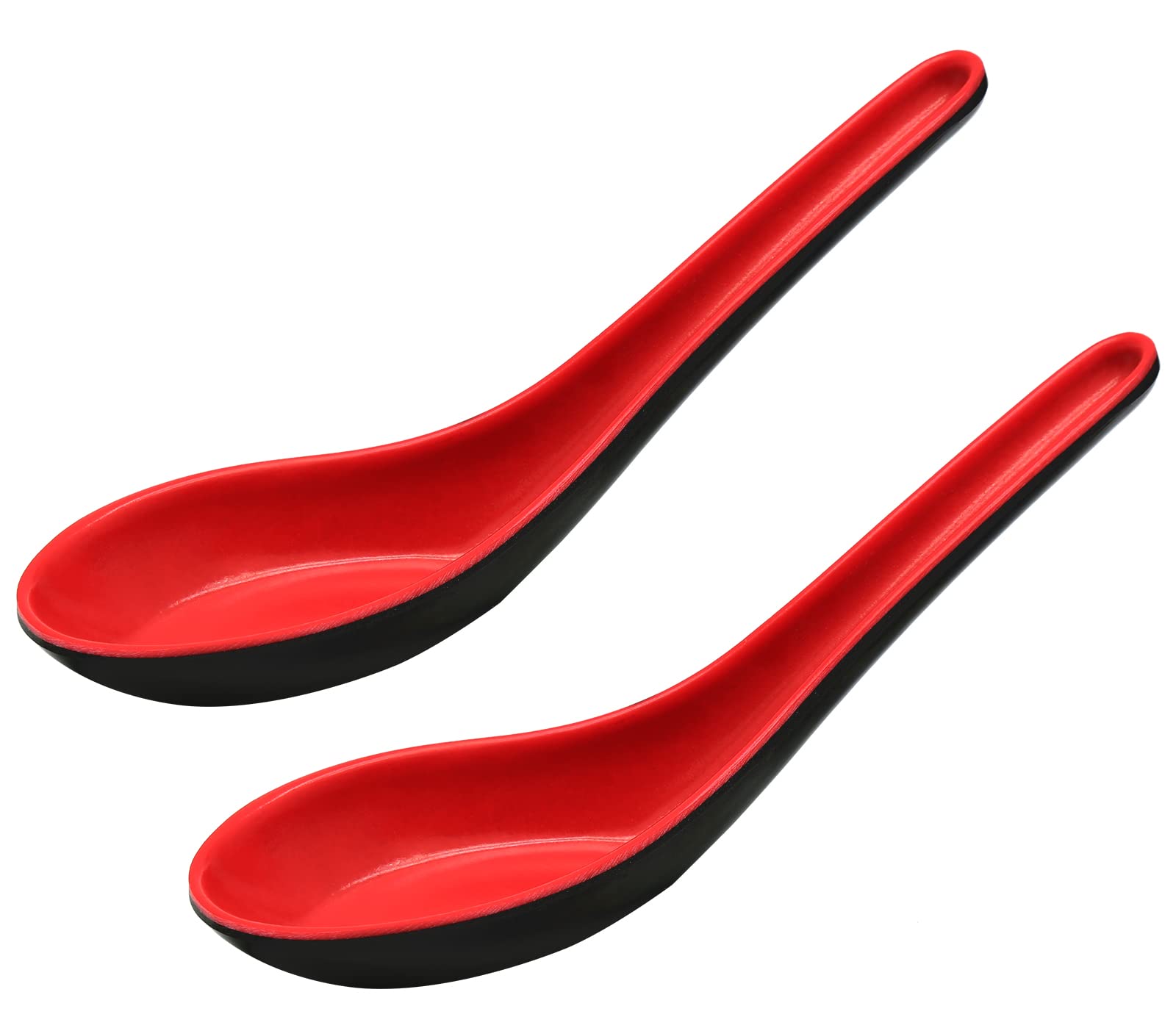 Cionyce 2PCS Asian Soup Spoons, Chinese Japanese Miso Ramen Wonton Dumpling Pho Rice Noodle Soba Soup Spoons, Red and Black Melamine Spoons