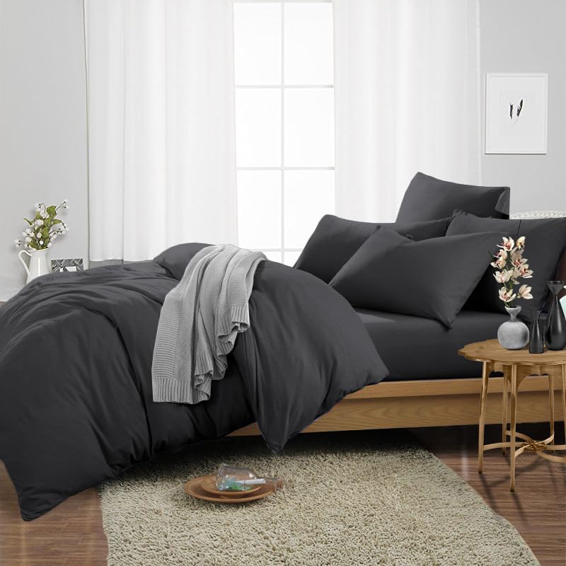 Banke Bihari Collection 1000 TC Dark Grey Solid Twin XL Duvet Cover + 2 Matching Pillowcase Pure Egyptian Cotton with Zip Closure & Corner Ties