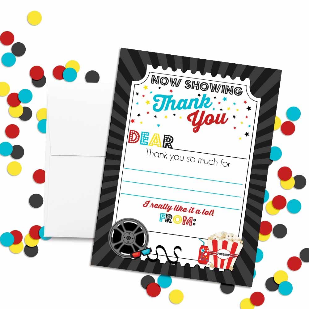 Bold Movie Night Birthday Thank You Notes, Ten 4" x 5.5" Fill In The Blank Cards with 10 White Envelopes by AmandaCreation