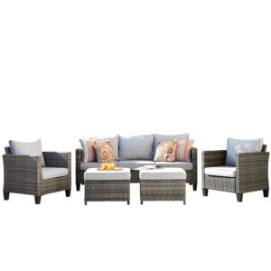 ovios Patio Furniture Set, 5 Pieces Outdoor Wicker Rattan Sofa Couch with Ottomans and Comfy Cushions, All Weather High Back Conversation Set for Backyard Porch Garden, Grey