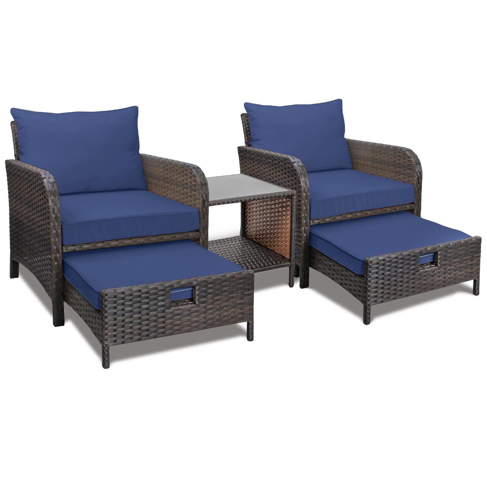 LEVELEVE Balcony Furniture 5 Piece Patio Conversation Set, PE Wicker Rattan Outdoor Lounge Chairs with Soft Cushions 2 Ottoman&Glass Table for Porch, Lawn-Brown Wicker