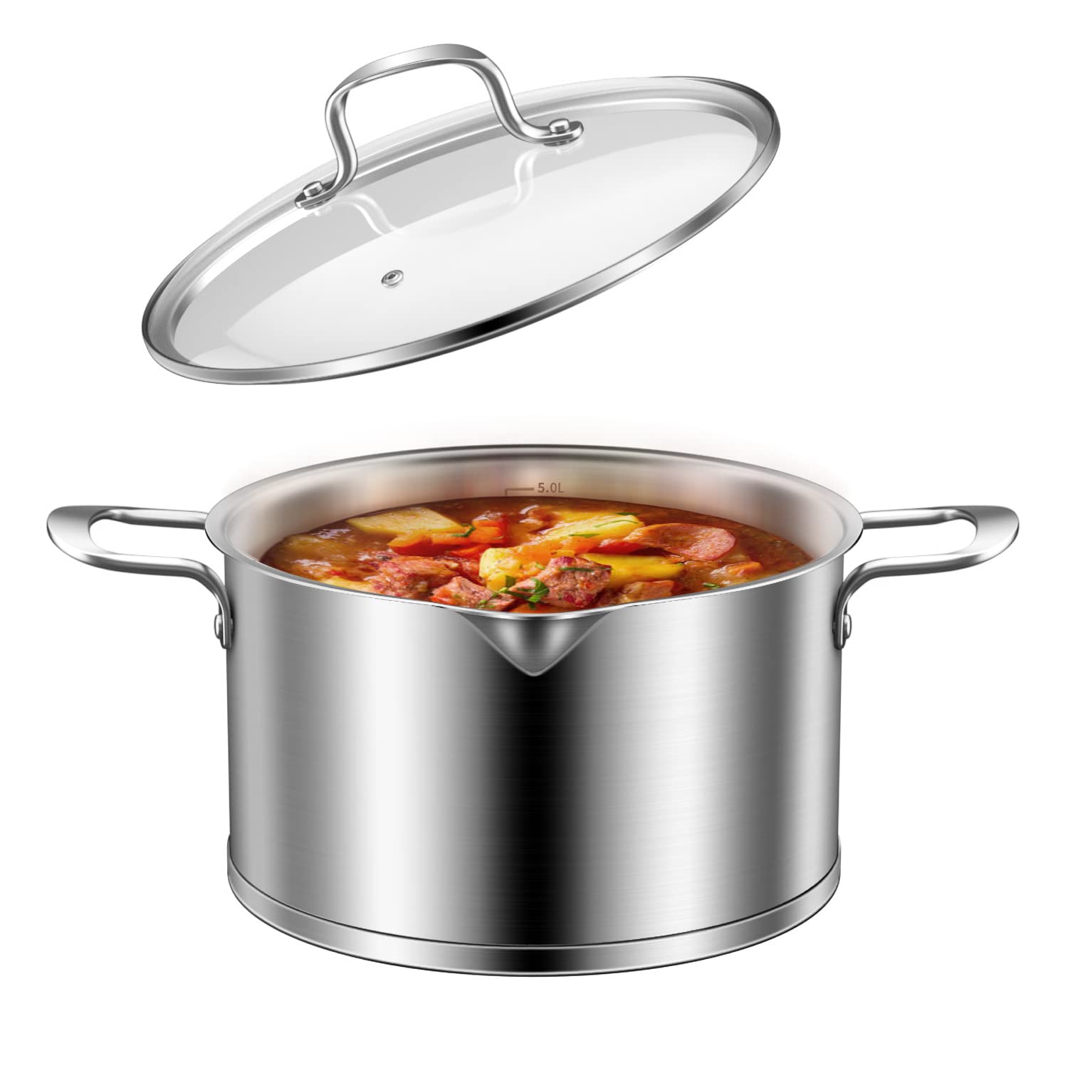 5 Quart Stainless Steel Induction Stock Pot with Glass Lid, 5 Qt Multipurpose Cooking Soup Pot with Pour Spout, Scale Engraved Inside, Dishwasher Oven Safe