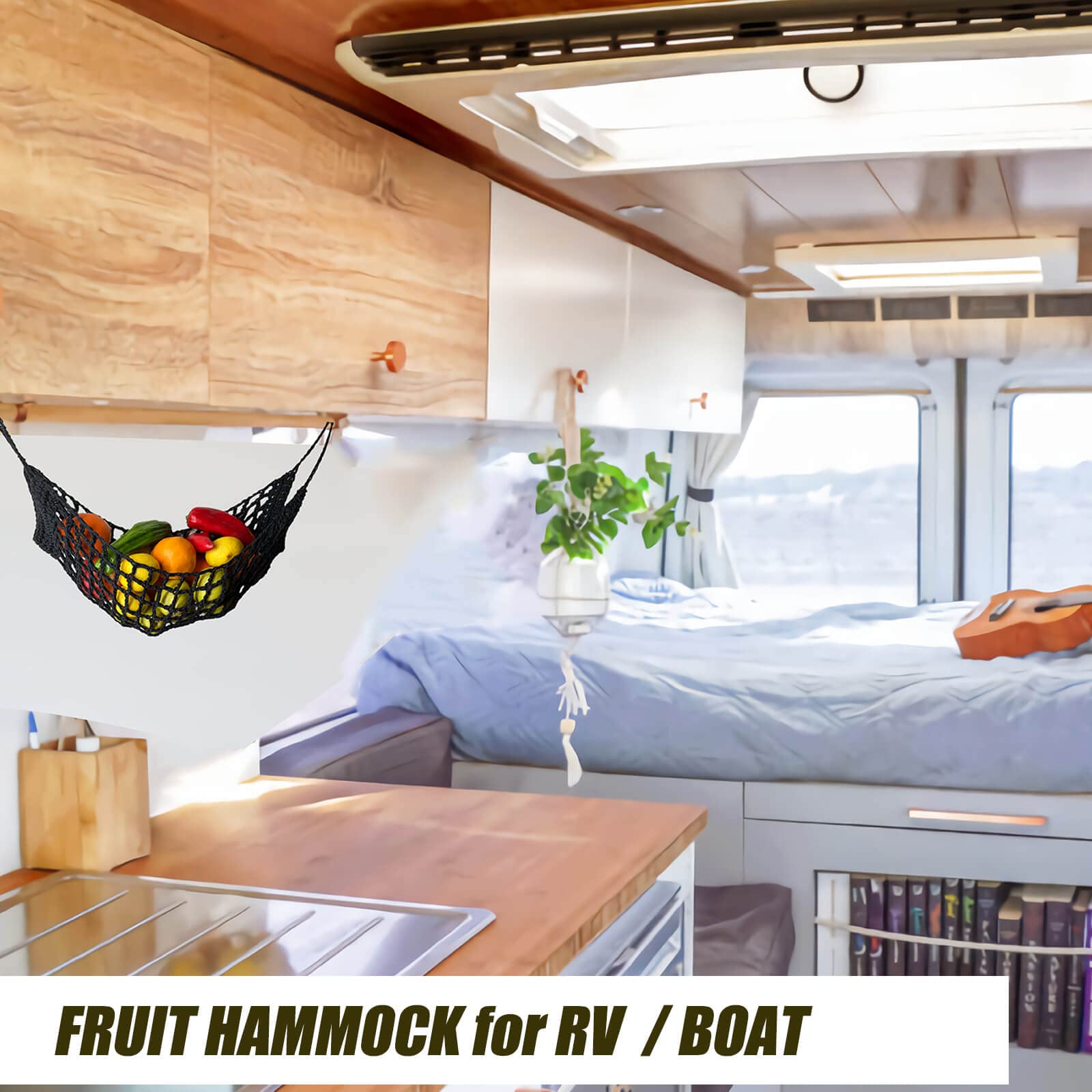 Large Macrame Fruit Hammock Under Cabinet,Veggie Banana Hammock Hanging Fruit Basket,Saves Counter Space for Kitchen Boat Rv Camper (black)