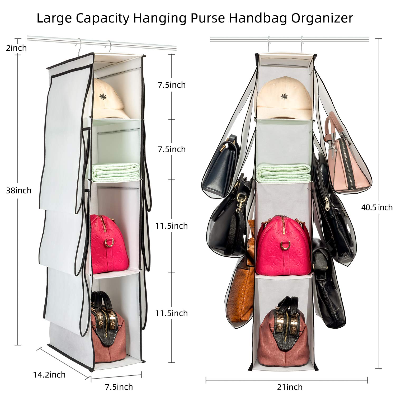 SAVERHO Hanging Purse Handbag Organizer,Closet Purse Handbag Organizer for Wardrobe Space Saving Closet Organizers System with 10 Compartments Handbag Holder (White)